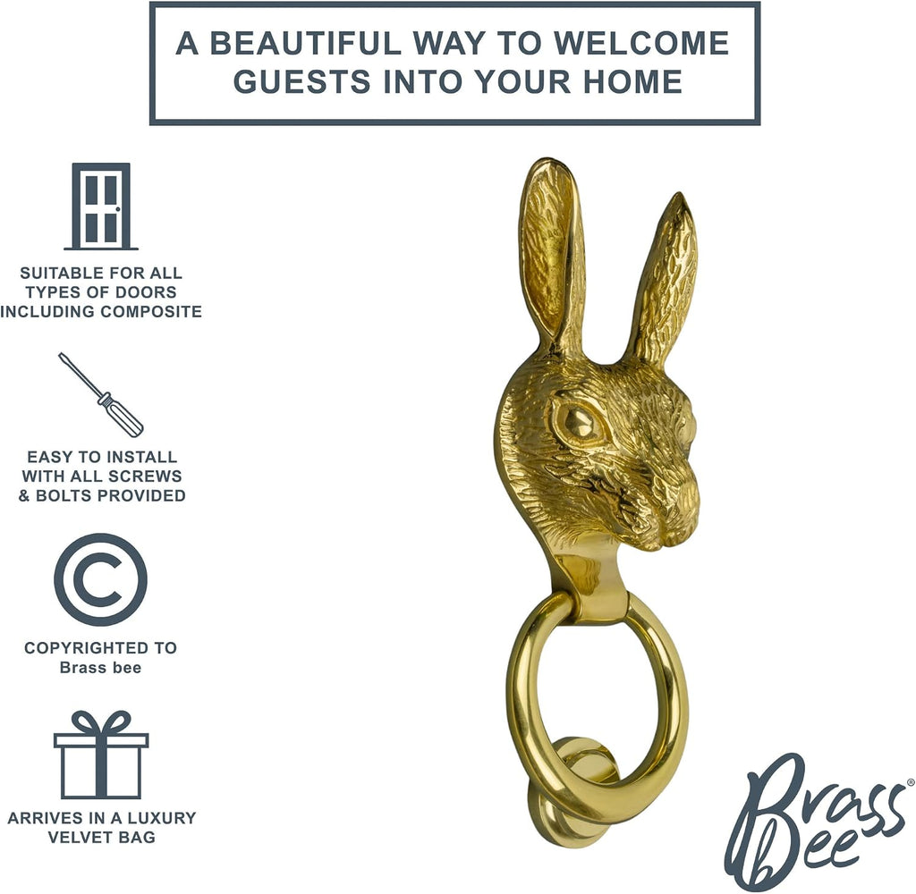 Gold Hare Door Knocker | Polished Solid Brass Knockers with Strike Plate | UPVC | Rabbit Hare Front Door Furniture
