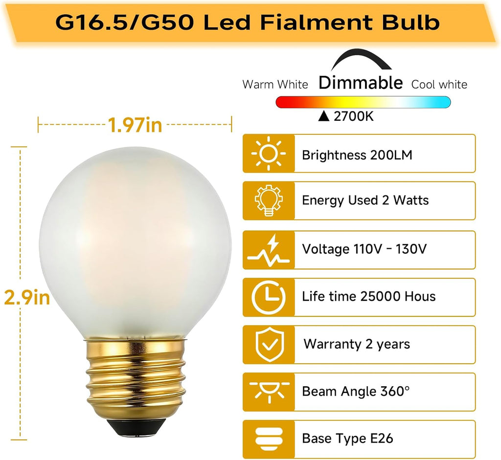 G16.5 E26 Dimmable LED Filament Globe Bulb, 2W/25W Equivalent 2700K Warm White Frosted Glass, Ideal for Decorative
