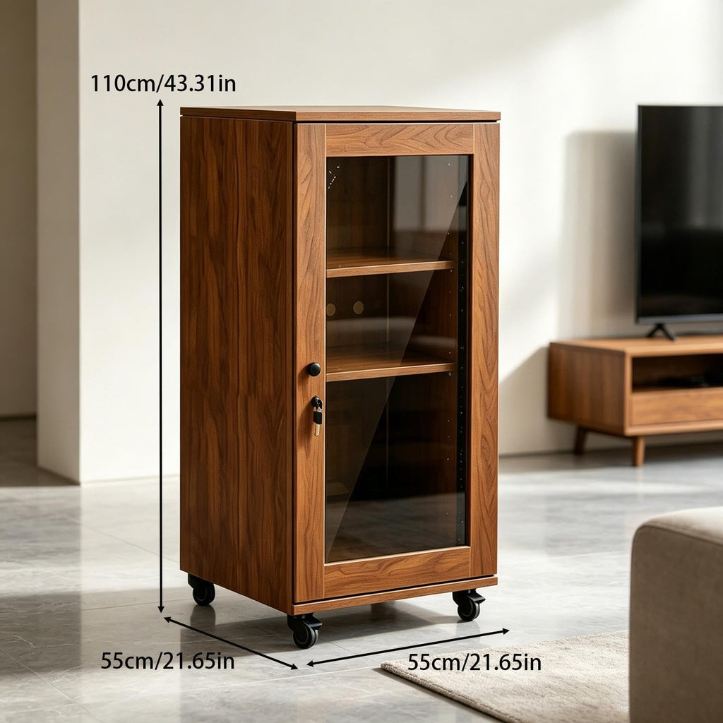 Walnut Wood Audio Rack With Tempered Glass Door, Solid Wood Cabinet