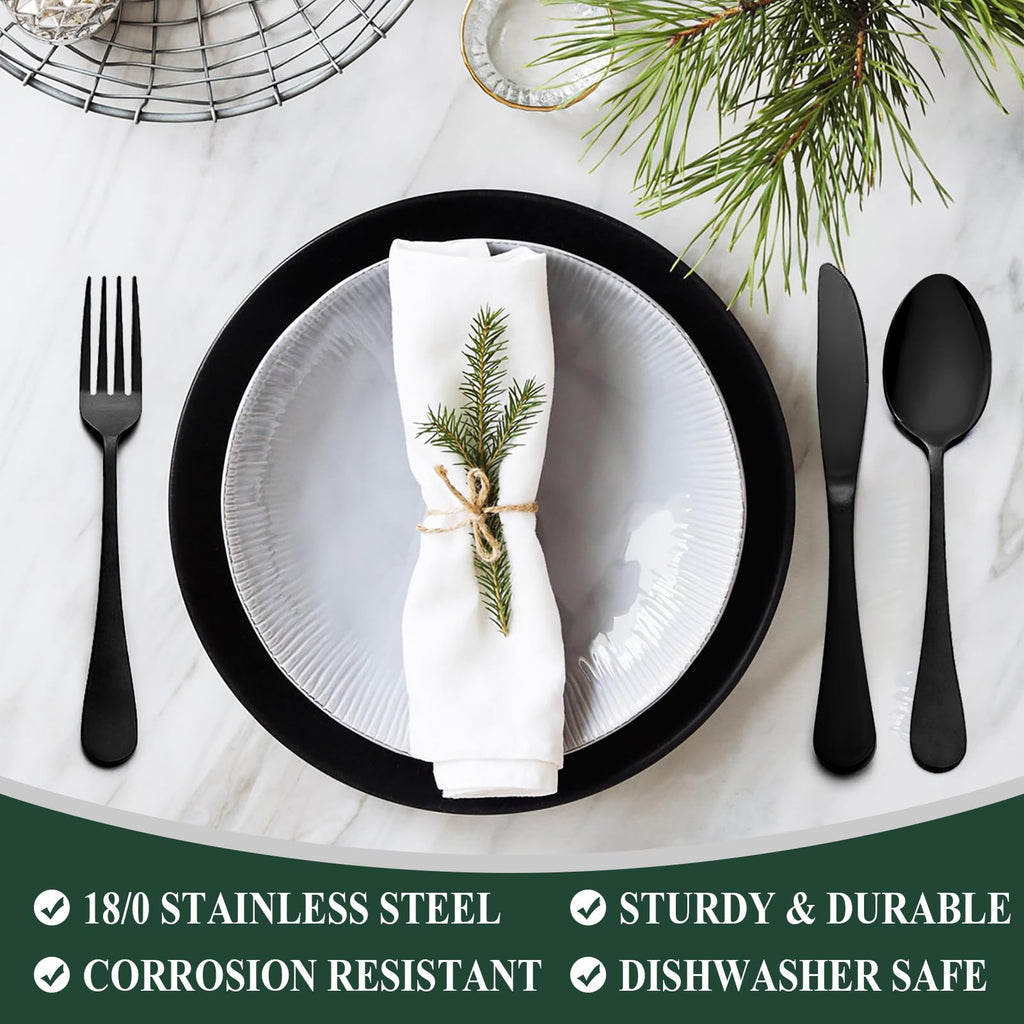 Black Silverware Set, Stainless Steel Flatware Cutlery Set Service for 8, Tableware Eating Utensils Include