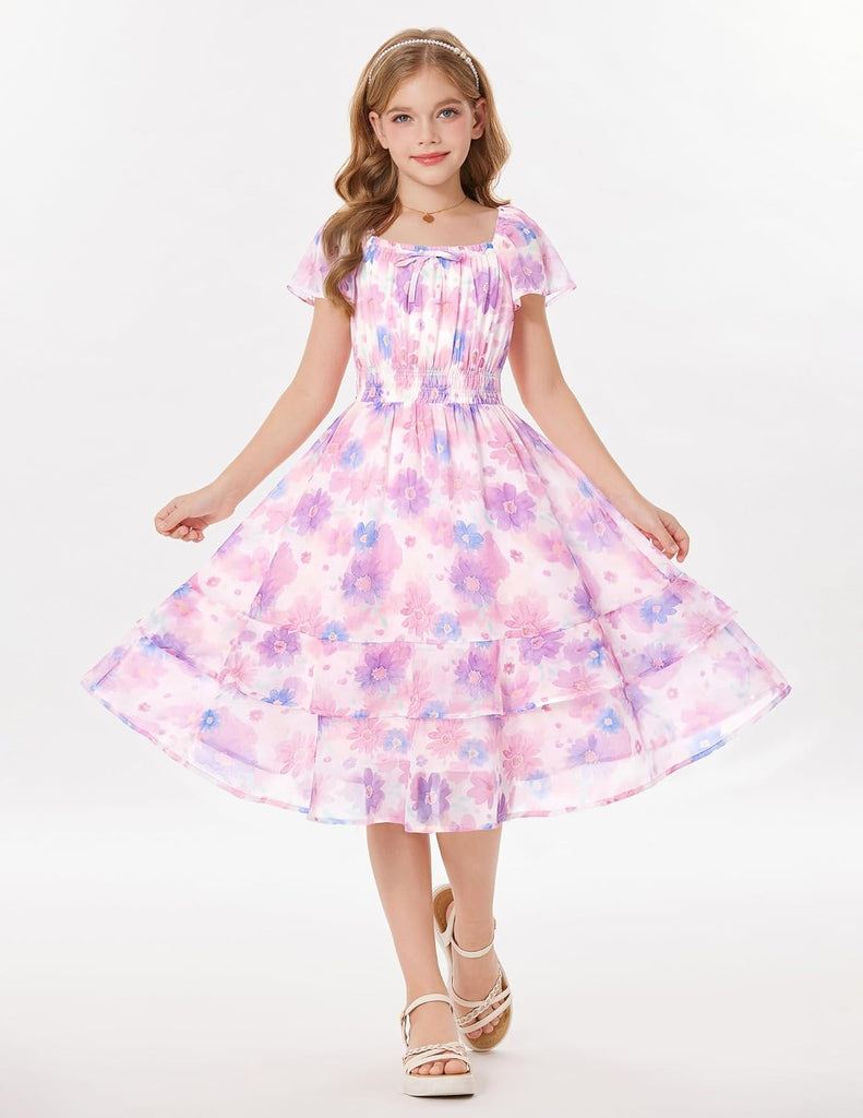 Girls Floral Summer Dress Flutter Sleeve Square Neck Midi Casual Dress for Girl