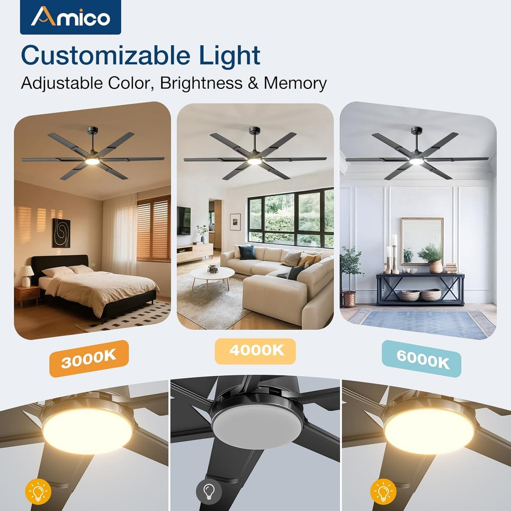 Ceiling Fans with Lights and Remote, 72 Inch Black Indoor/Outdoor Ceiling Fan with 6 Speed, Reversible DC Motor, 3CCT