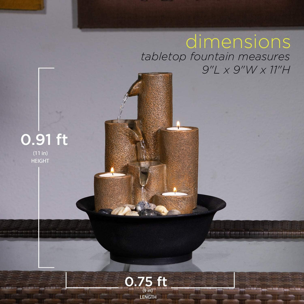 Indoor Tabletop Tiered Water Fountain Featuring 3 Candles for Desktop and Table, 11", Brown