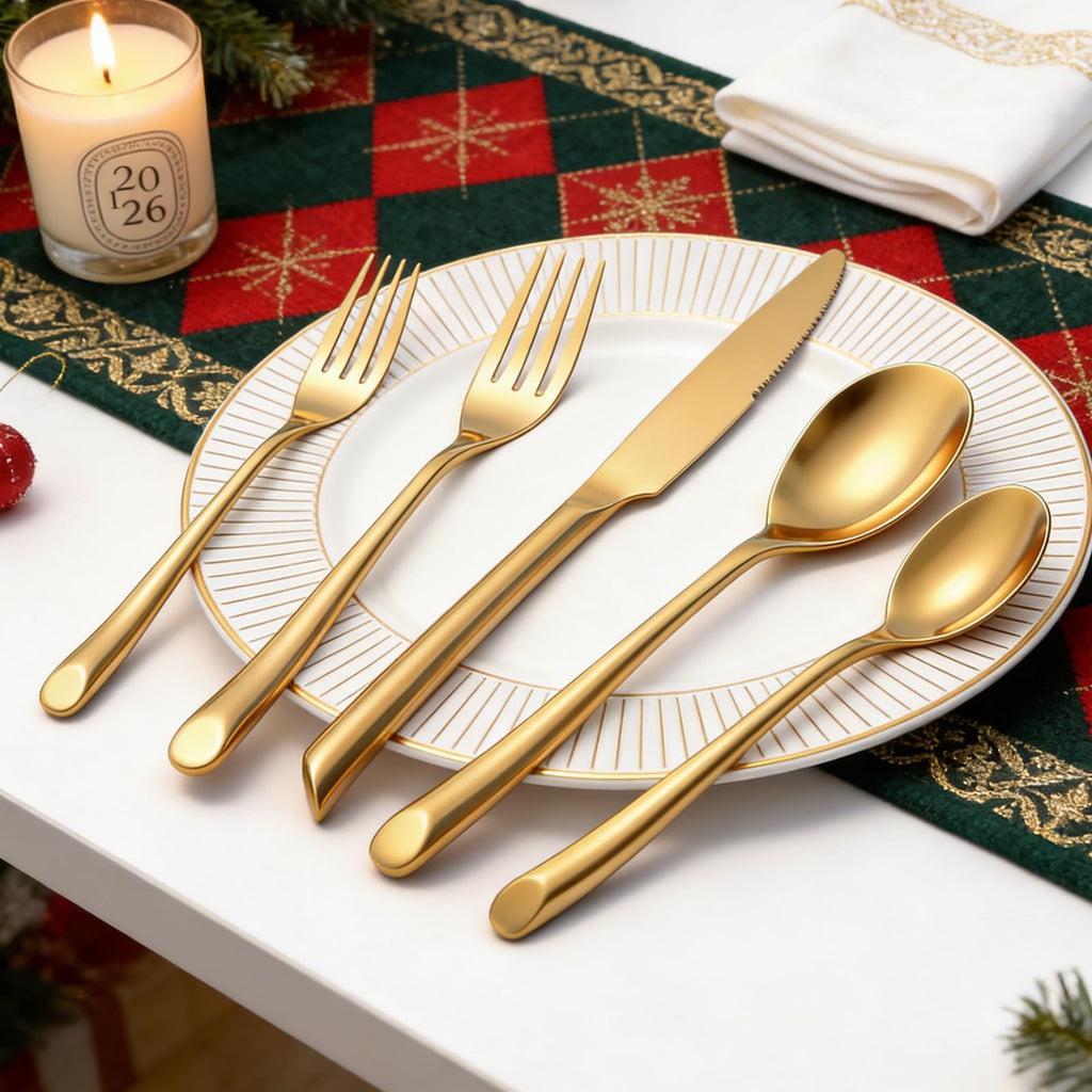 Gold Silverware Set, 20-Piece Elegant Stainless Steel Flatware Set, Cutlery Set Mirror Polished, Dishwasher Safe