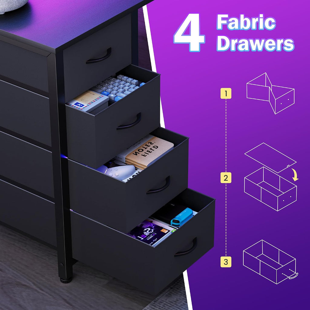 55in Gaming Computer Desk with Drawers & Storage Shelf & Iron Hook, Black | LED Light, Power Outlet, Reversible