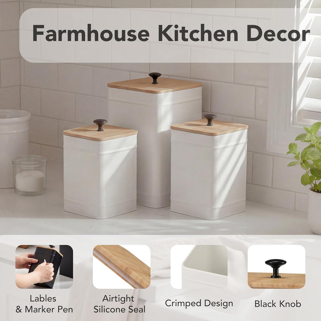 Kitchen Canisters for Countertop, Airtight Canisters Sets for the Kitchen Counter with Lid, Metal Farmhouse - Set of 3