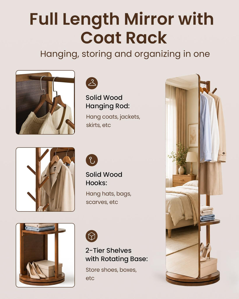 Solid Wood Mirror Coat Rack, Full Length Mirror with Stand Walnut