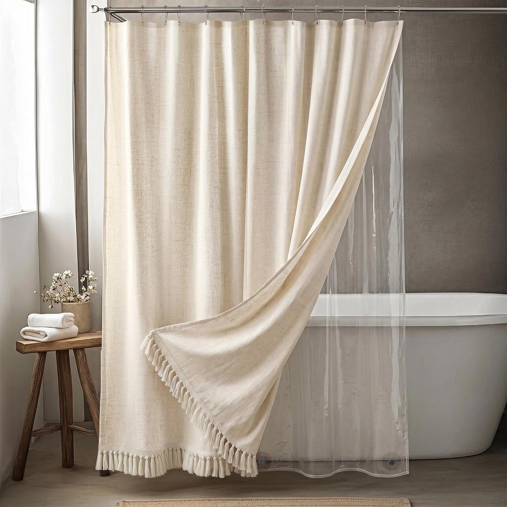 3 in 1 Linen Shower Curtain with Liner and 12 Double Glide Hooks 72 x 72 | Thick linen-poly blend, detachable