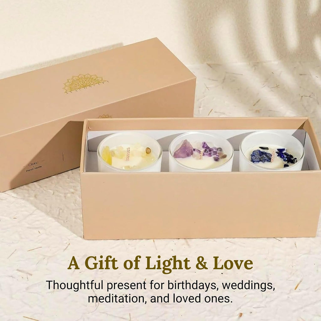 Healing Crystal Candle Gift Set Citrine, Amethyst & Lazurite Hand-Poured Soy Wax French - Set of 3