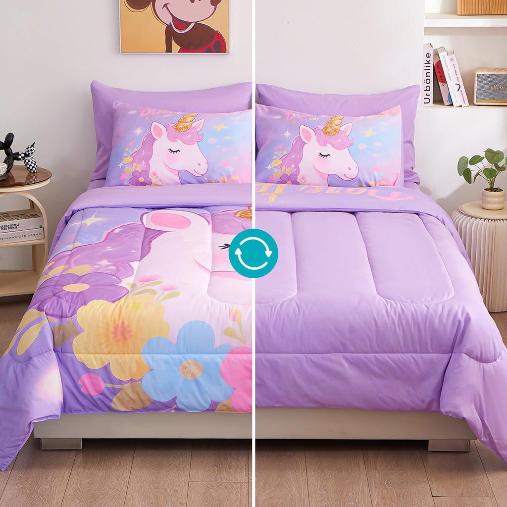 Twin Comforter Set for Girls 5 Piece Unicorn Bedding Set for Girls Super Soft Microfiber Bed Set Bed in a Bag with