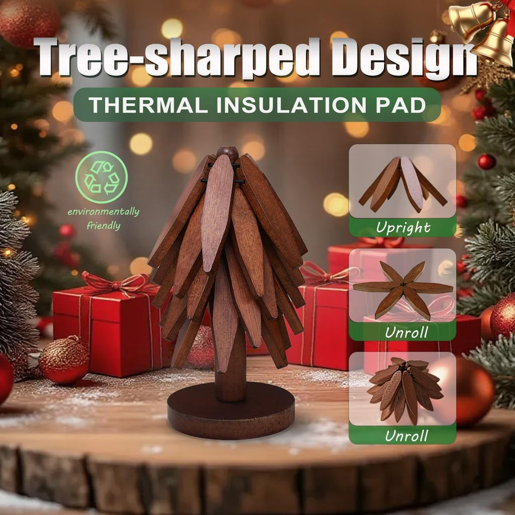 Wooden Trivet Tree Set for Hot Dishes, 100% Natural Wood, Expandable Design Coaster, Foldable Tree-Sharped Placemats - Set of 4