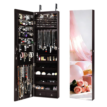 2 LEDs Mirror Jewelry Cabinet, 47.5-Inch Tall Wall or Door Mounted Jewelry Organizers and Storage with Frameless