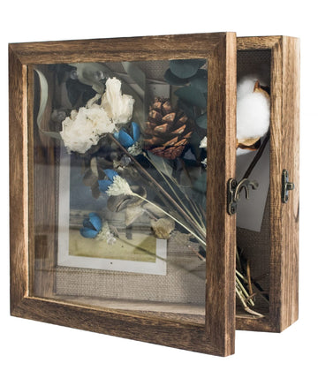 Shadow Box Frame 8x8 Display Case with Linen Back, Real Glass Window Door with Hinge, Picture Frame Wedding Bouquet