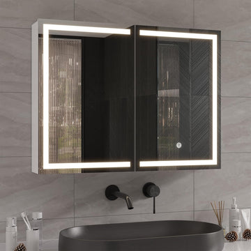 Bathroom Medicine Cabinet with Mirror and LED Light, Wall Mounted Bathroom Mirror with Storage, 2 Doors Bathroom Wall