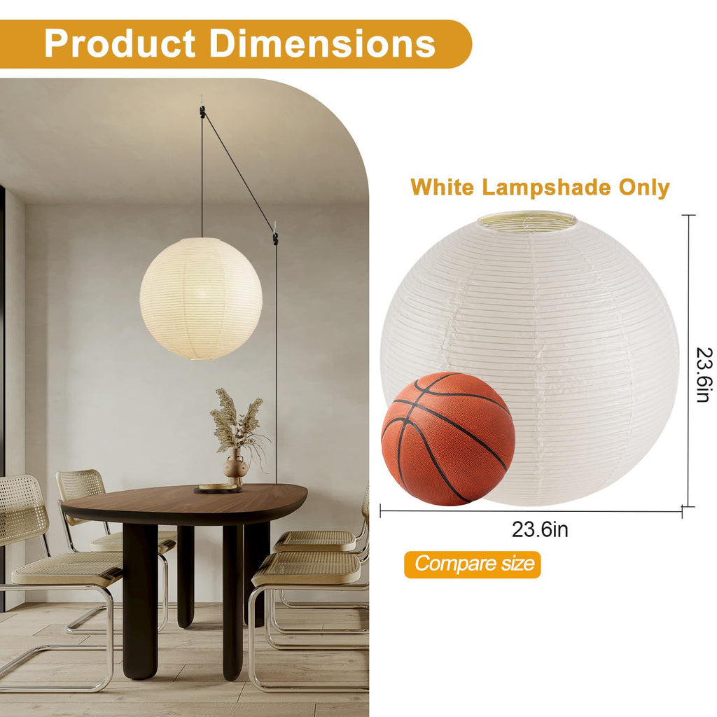 Inspired Noguchi Style Large Paper Lantern Lamp Shade, 23.6in White Round Lampshade Only