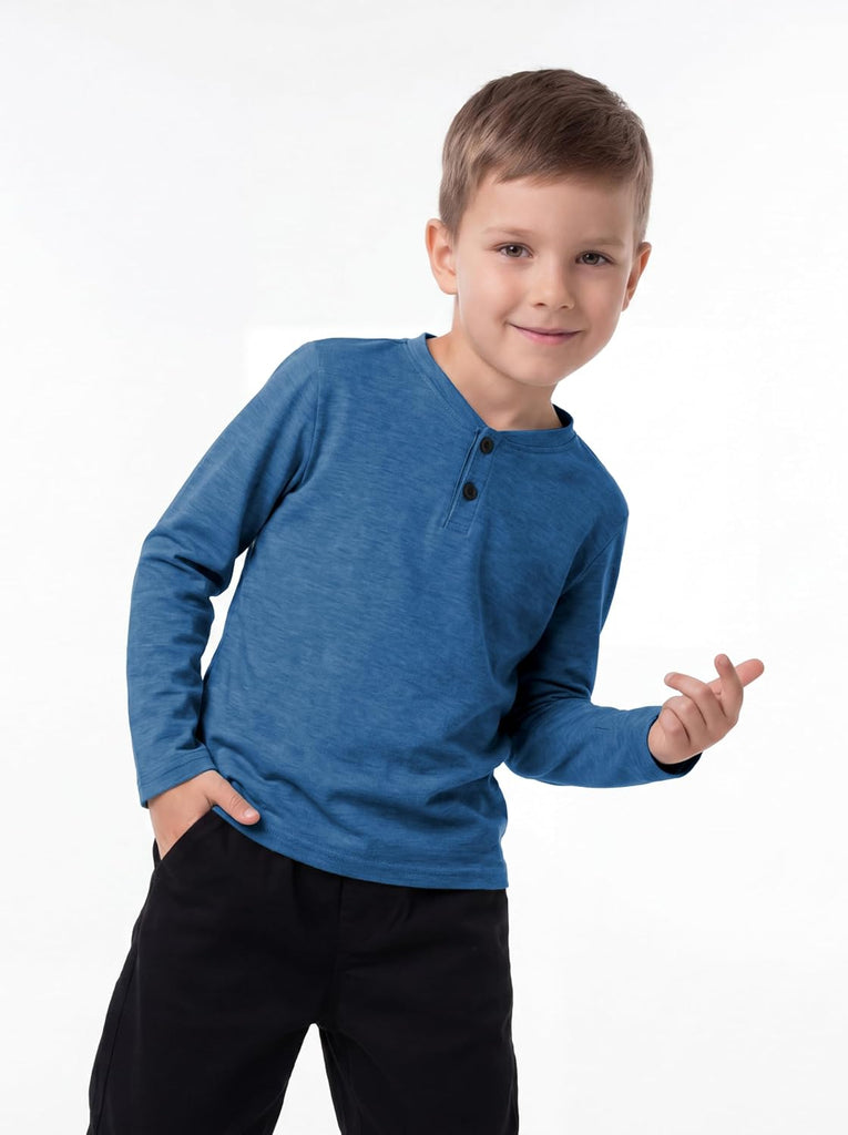 4 Pack Boys Long Sleeve Henley Shirts Casual Crewneck Tees with Buttons Soft Shirts for Boys