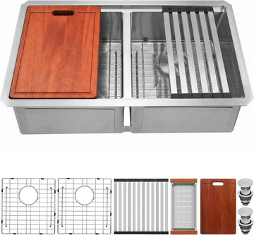 Double Undermount Kitchen Sinks 32 Inch, 16 Guage T304 Stainless Steel Sink | 32" x 18" x 10" Deep Large Workstation