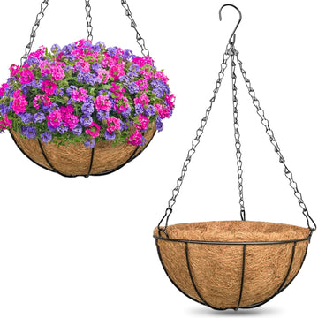 2 Pack 14 Inch Hanging Baskets for Plants Outdoor, Metal Wire Round Planters with Coco Liner, Hanging Flower Baskets