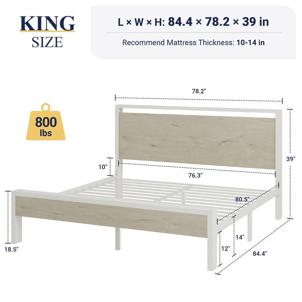 King Size Bed Frame, Heavy Duty 12 Metal Slats Support, White