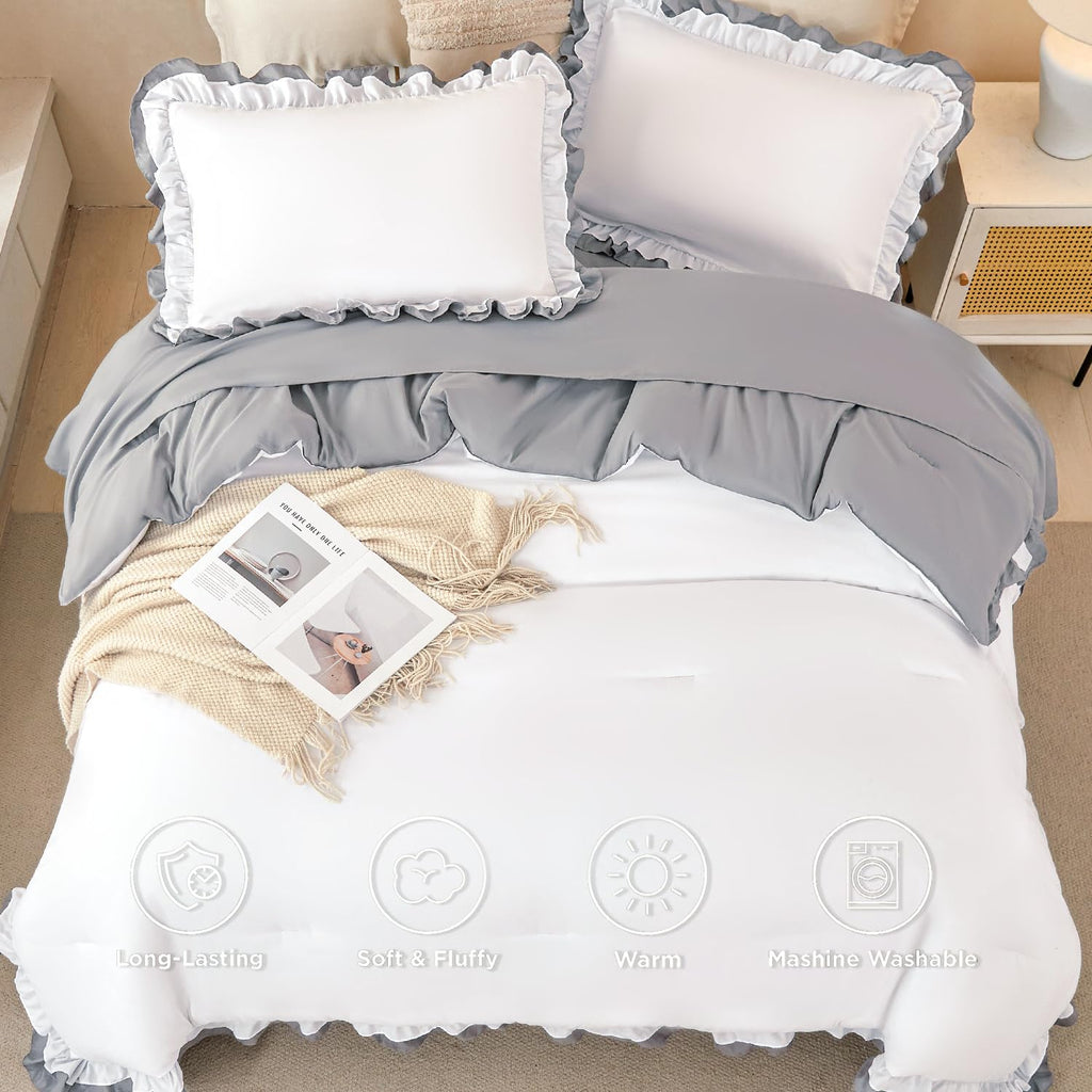 Ruffled Comforter Set White - Double Ruffle White Comforter 5 Piece Vintage Shabby Chic Bedding - Fluffy