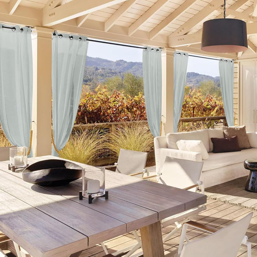 Outdoor Sheer Curtains Waterproof - 4 Panels Linen Look Grommet Curtain Light Filtering Outside Drapes, Pergola