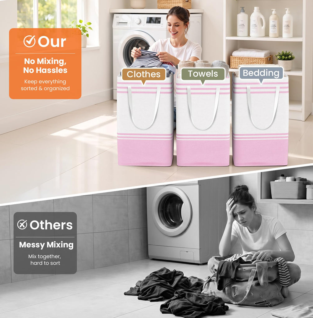 3-Pack Laundry Basket, Laundry Hamper, Pink-88L