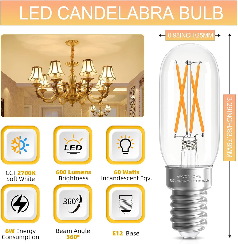 E12 Candelabra LED Bulb T6 T25, 60W Equivalent, 2700K Warm White Dimmable
