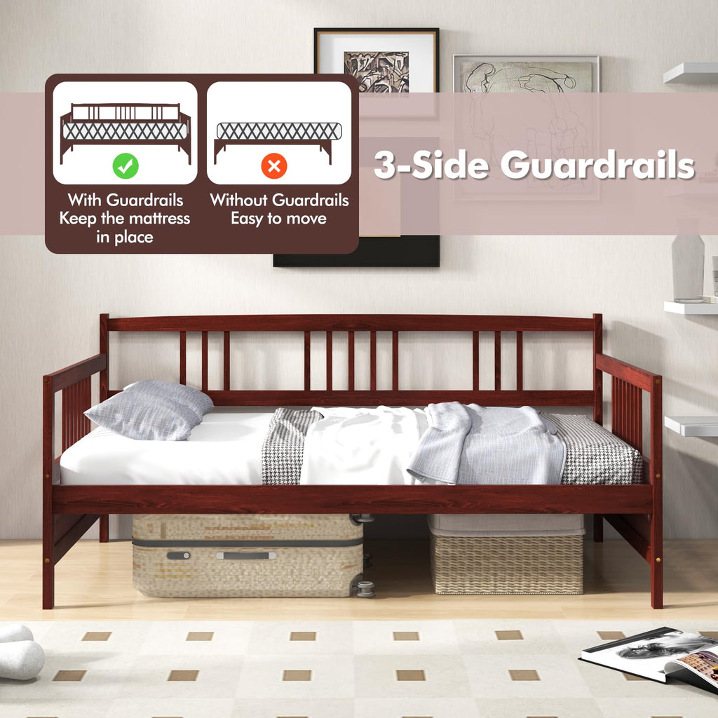 Twin Daybed, Pine Wood Daybed with 3-Side Rails & 10 Support Slats, Under Bed Storage Space, 2-in-1 Sofa Bed Frame
