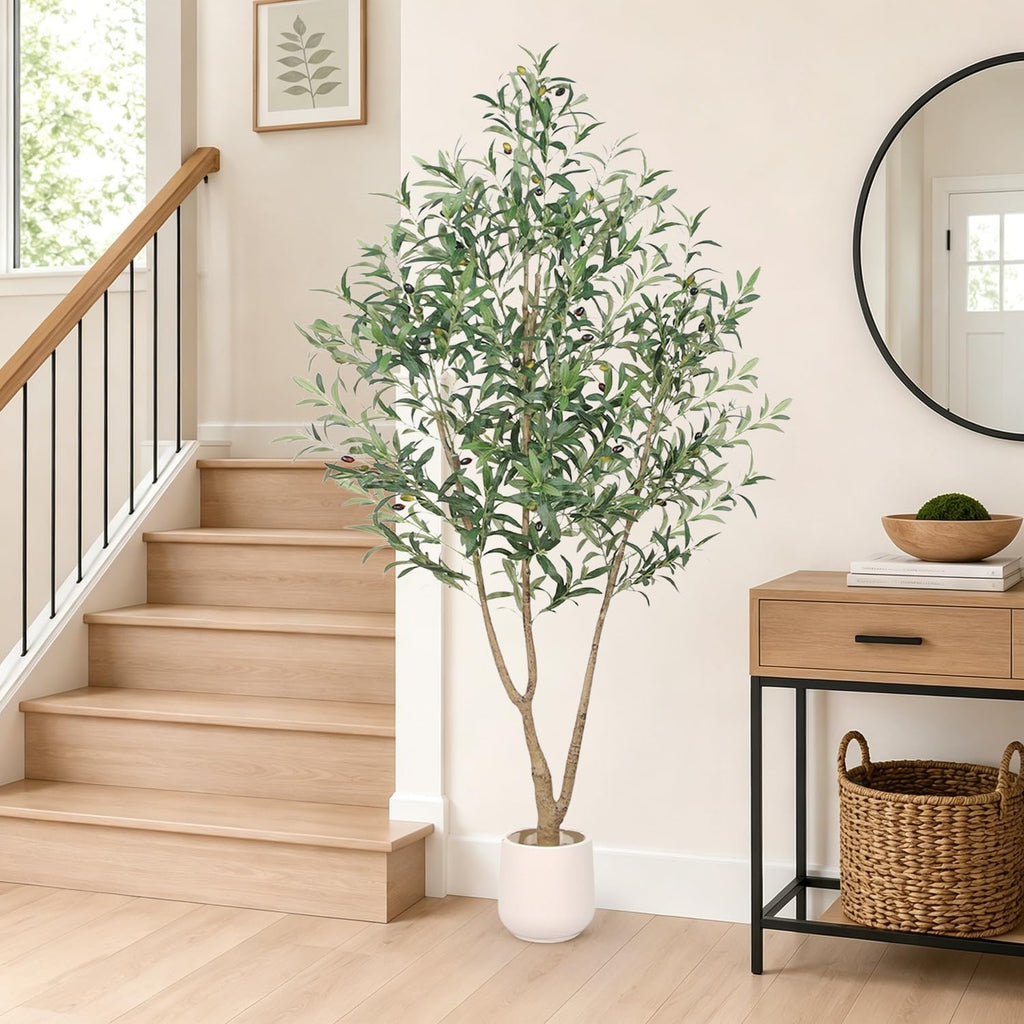 Olive Trees Artificial Indoor, 6FT Tall Faux Olive Tree with White Planter, Artificial Plants with Lush Leaves