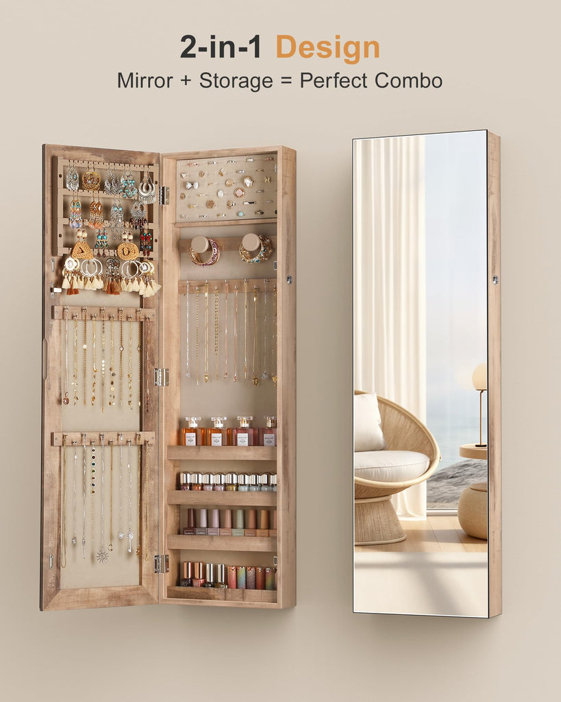 Mirror Jewelry Cabinet, Full Length Mirror, Wall Mounted, Oak