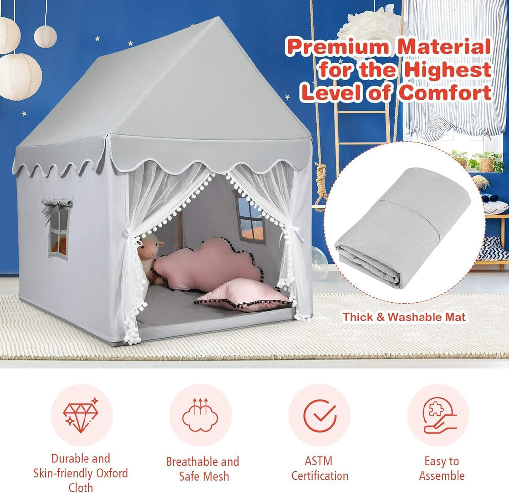 Kids Play Tent, Large Game House w/Washable Mats and Windows, Solid Wood Frame,Indoor and Outdoor Princess Tent