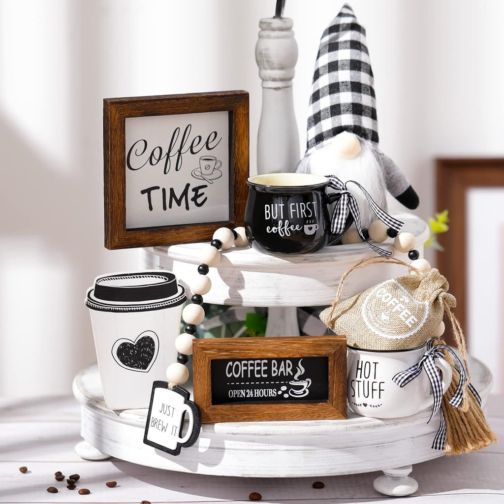 Coffee Bar Decor Set, Farmhouse Tiered Tray Decor Accessories, Rustic Coffee Station Tabletop Wooden Signs - Set of 8