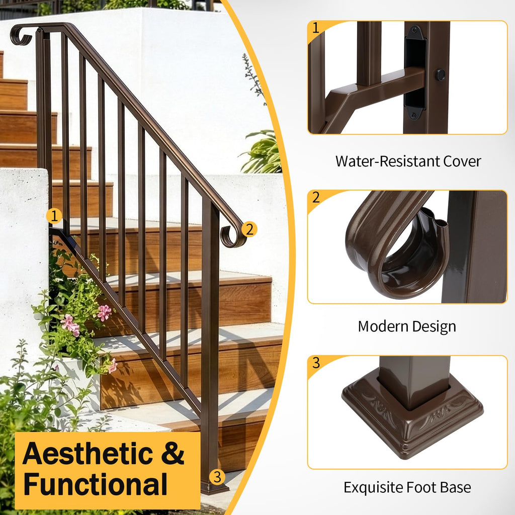 4 Step Handrails for Outdoor Steps, Galvanized Steel Stair Railing Fits 3 or 4 Steps, Metal Hand Railing with