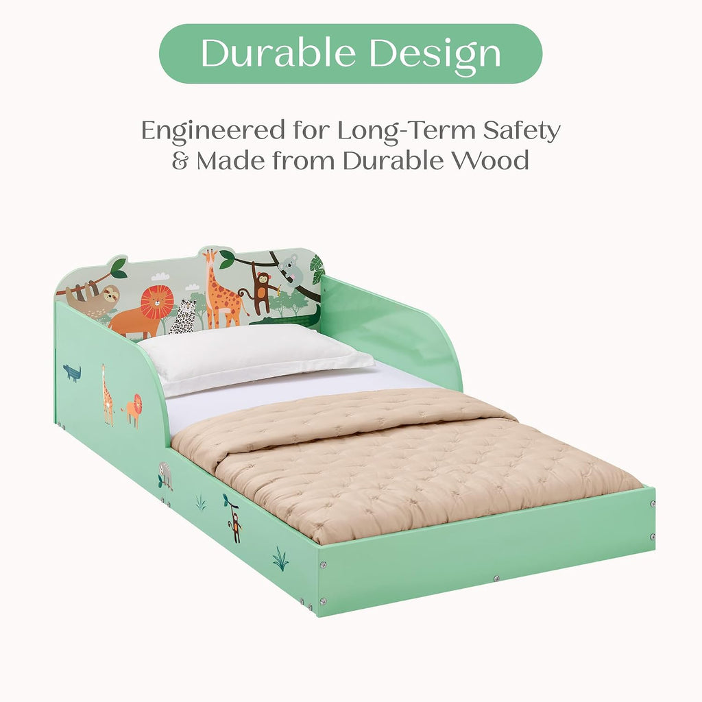 Safari Wood Floor Toddler Bed with Reusable Stickers, Green