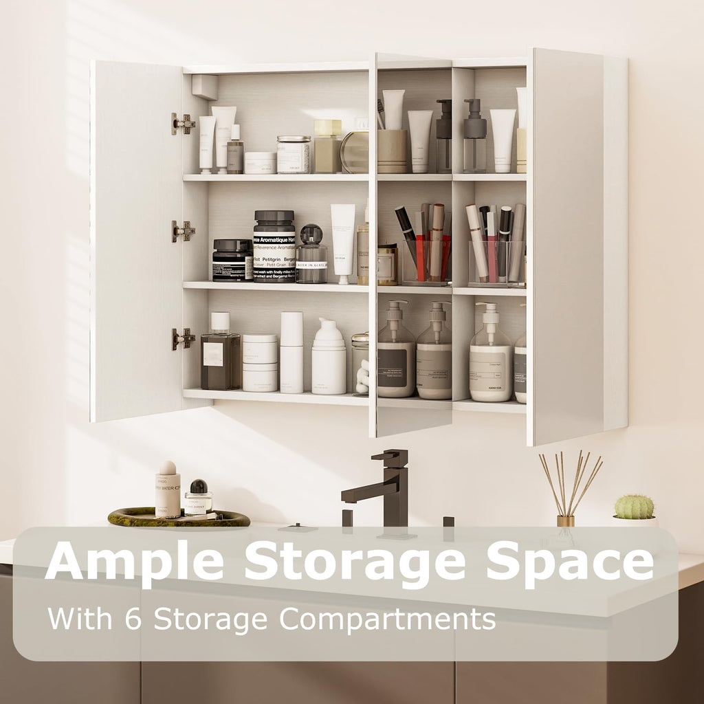 Mirrored Medicine Cabinet, Large Wide Wall Mounted Storage Cabinet with 3 Mirror Doors, Hanging Bathroom Organizer