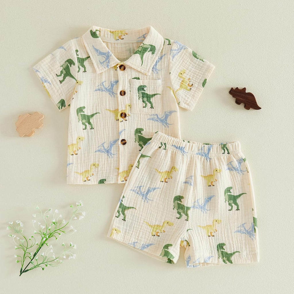 Baby Boy Summer Clothes Cute Print Short Sleeve Button T Shirt + Shorts Set