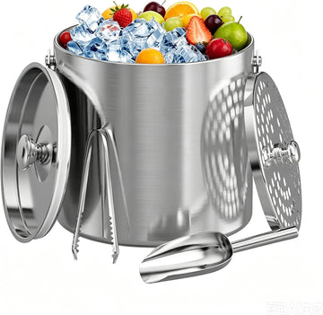 Ice Bucket, Ice Bucket with Lid Ice Tong Ice Scoop and Strainer for Cocktail Parties 3L Stainless Steel Insulated Ice