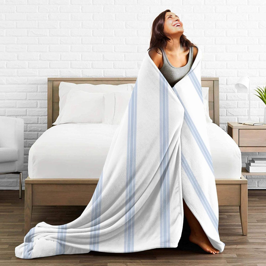 Vintage French Ticking Stripe Pattern Blue White Reversible Flannel Throw Blanket - Ultra Soft Lightweight 80"X60"