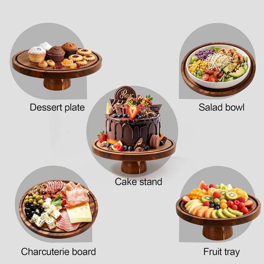Acacia Wood Cake Stand with Lid, 12in Cake Stand with Acrylic Dome (Not Glass), 2-In-1 Cake Display Stand