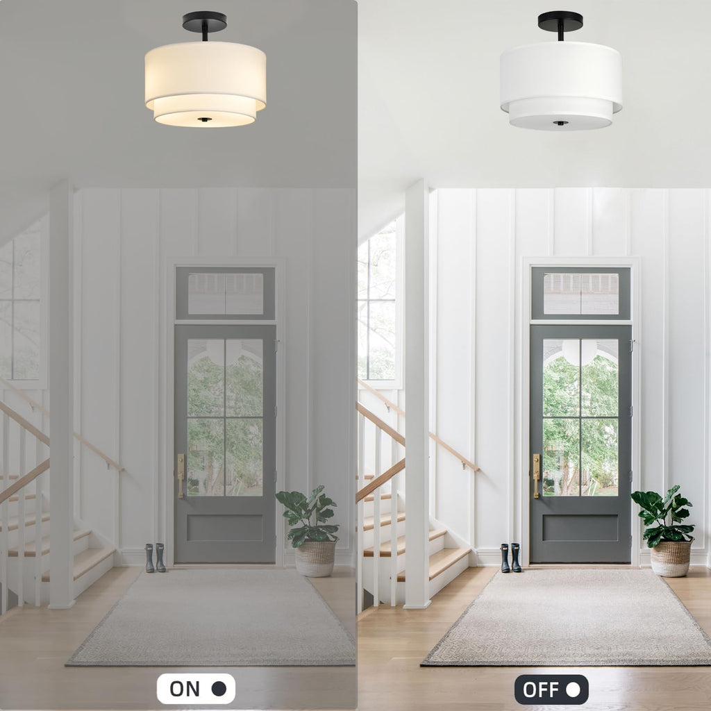 3-Light Semi Flush Mount Ceiling Light Fixture, 12.6inch Modern Close to Ceiling Light with 2-Layer White Drum Fabric