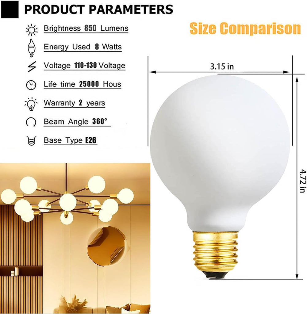G25 Globe LED Light Bulb, Dimmable, Matte White, E26 Base, 8W, 75W Equivalent, 2700K Warm White, 600LM, Vintage