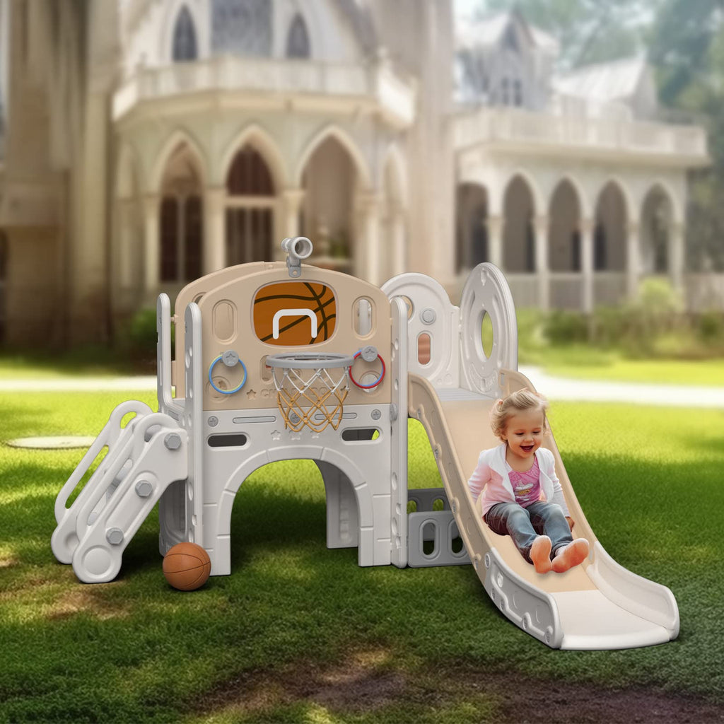 Toddler Slide Set, 9 in 1 Indoor Outdoor Playset for 1-3, Beige Brown