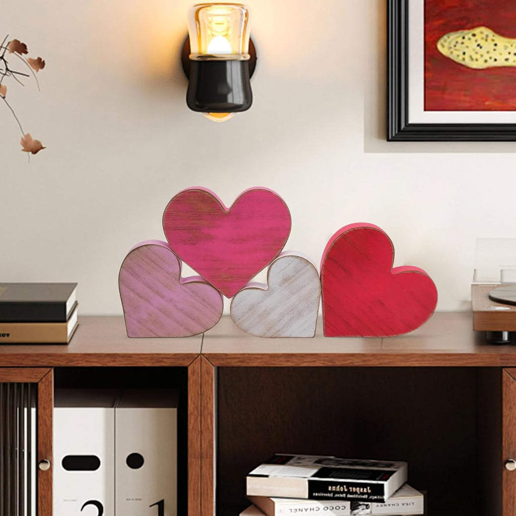 Wooden Hearts Valentines Decorations Indoor, Wood Heart Blocks Tiered Tray Decor, Red Pink White Valentine - Set of 4