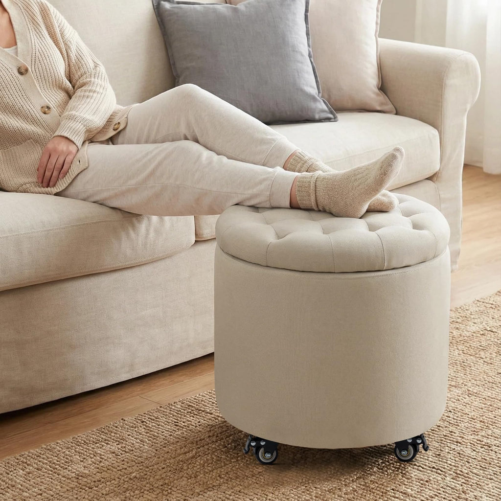 18.9 Inch Round Storage Ottoman with Wheels, Hidden Storage with Removable Lid, Stylish Button Tufted Design Ottoman
