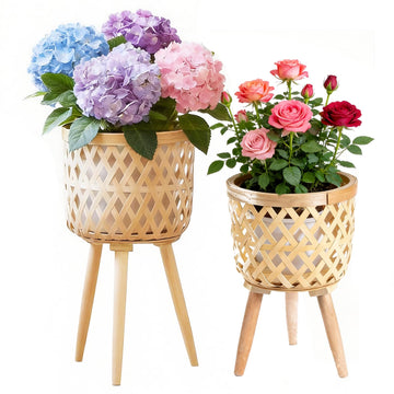 Boho Rattan Plant Stand Set of 2 - Handwoven Tall Elevated Wicker Plant Baskets for Indoor Plants, Mid-Century Modern