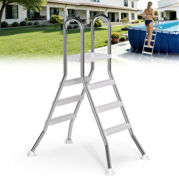 Above Ground Pool Ladder, 304 Stainless Steel A-Frame Pool Ladder with Top Platform, Non-Slip 3-Step Treads