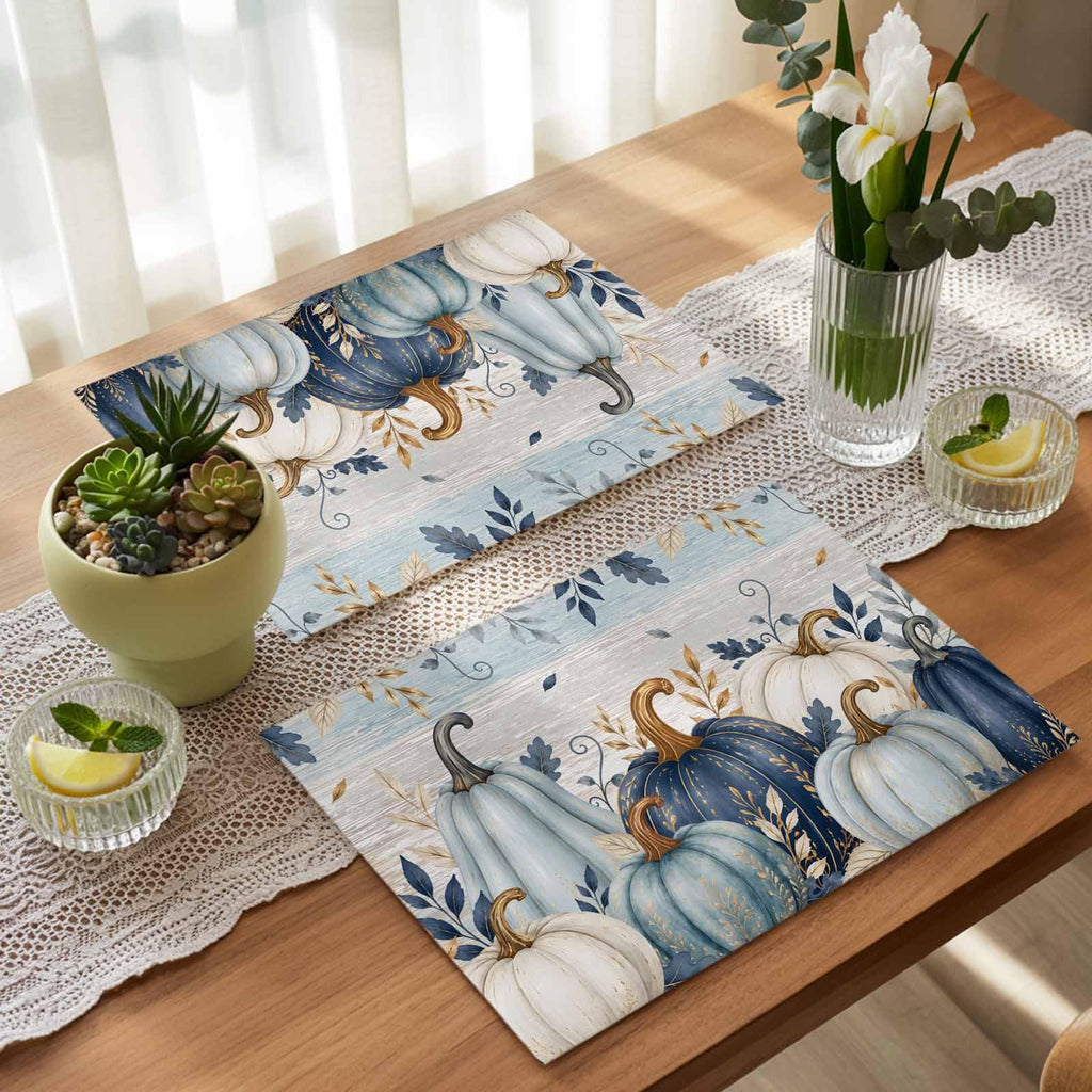 Fall Thanksgiving Placemats, Teal Blue White Pumpkin Heat Resistant Washable Dining Table Mats Fall Holiday Farmhouse
