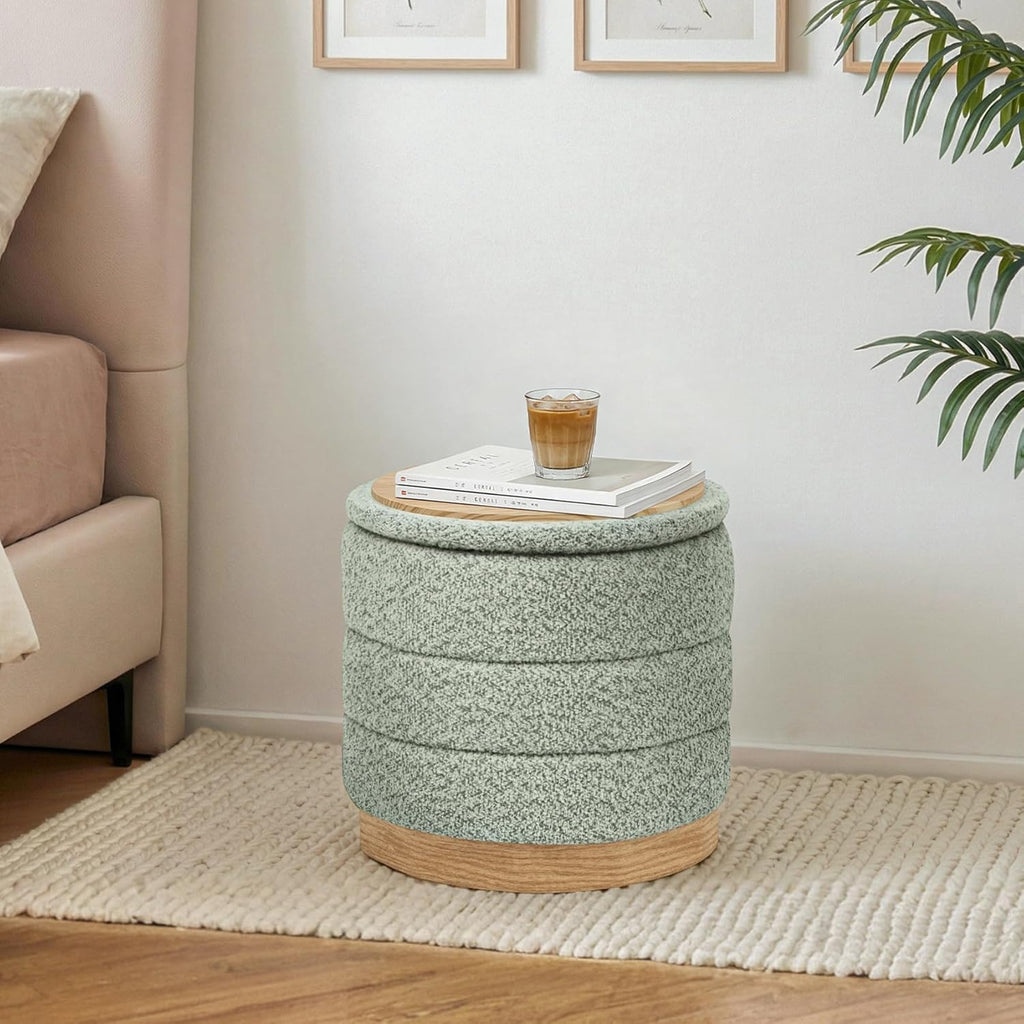 Round Storage Ottoman with Reversible Tray Lid, Folding Chenille Fabric Footrest with Hidden Storage, 15.4" Footstool