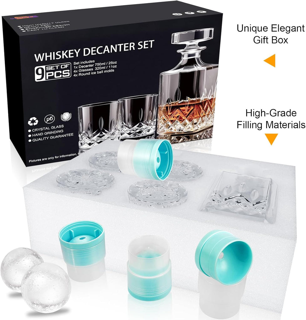 Whiskey Decanter Set for Men, 4*Crystal Whiskey Glasses(Get 4 Silicone Ice Mold Free), Lead-Free Decanter Set - Set of 9