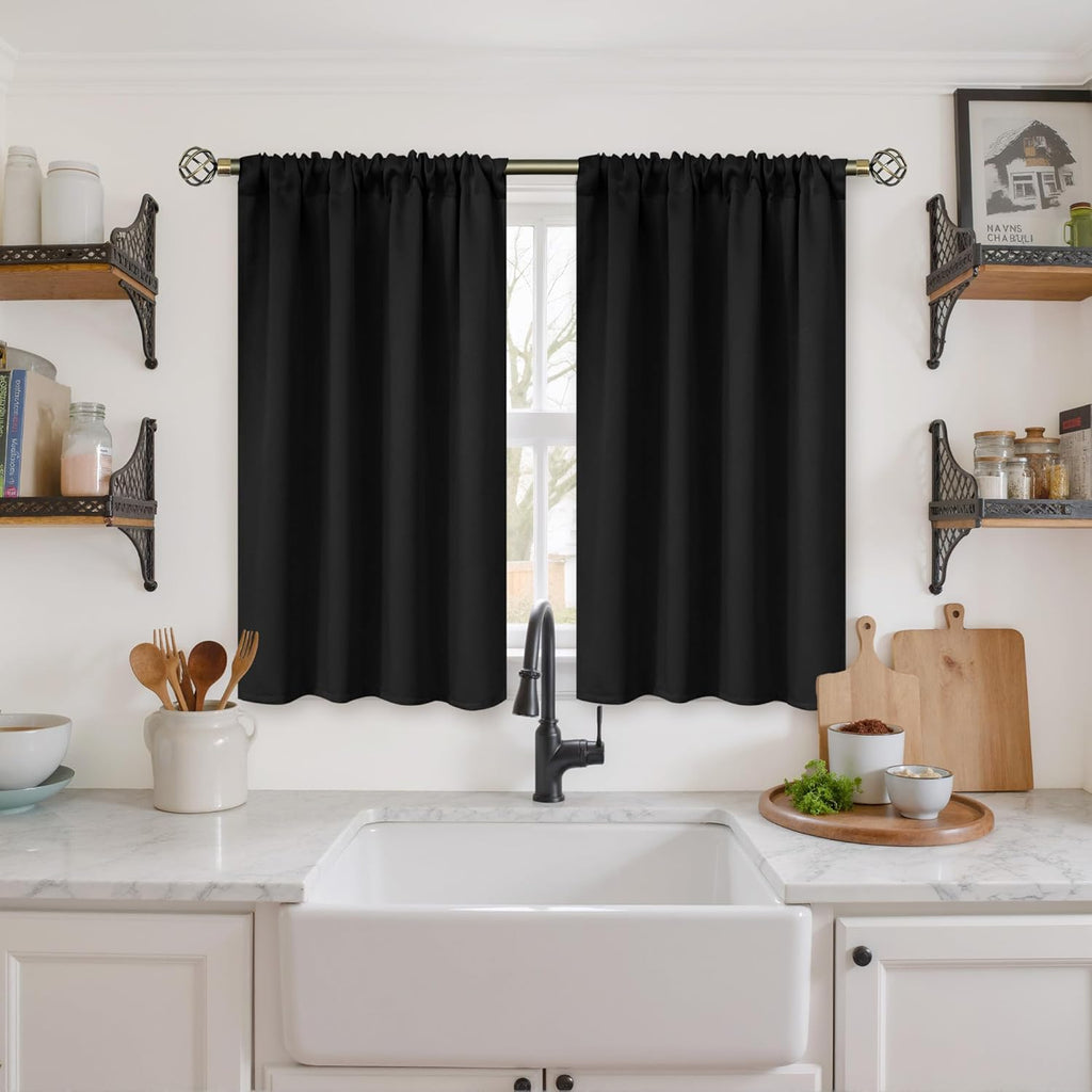 Black Blackout Curtains 40 Inches Long for Kitchen Windows - Short Thermal Insulated Drapes with Rod Pocket Privacy